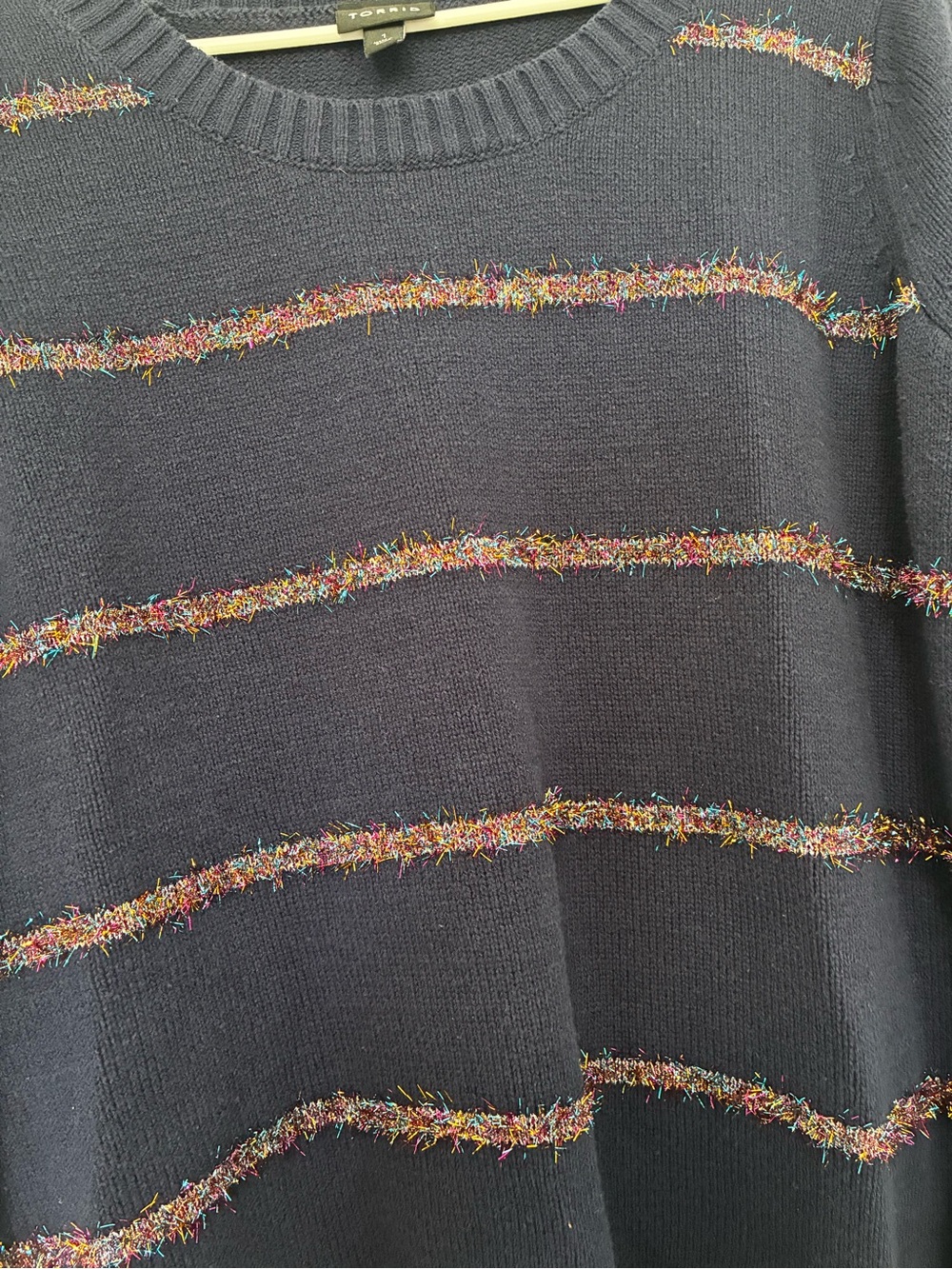 Torrid Navy Crewneck Sweater with Colorful Metallic Stripe Accents Women’s 1X